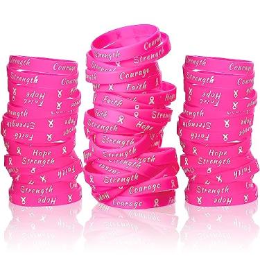 Imagem de Sratte Pulseiras de borracha com fita rosa para conscientização do câncer de mama para mulheres, festas, eventos públicos, decorações de câncer de mama, presentes, Borracha
