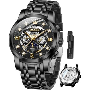 Imagem de OLEVS Relógio masculino luxuoso esqueleto automático diamante corda automática relógio mecânico presentes luminosos à prova d'água, G6721: pulseira preta e mostrador preto