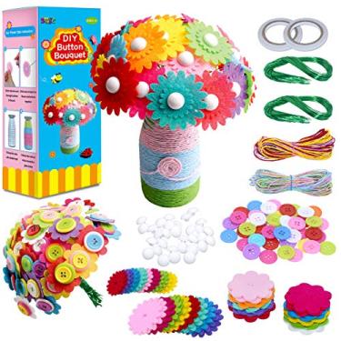 Imagem de SpriteGru Kit de artesanato de flores para crianças, faça seu próprio buquê de flores com botões, presente de atividade DIY para meninos e meninas de 4, 5, 6, 7, 8, 9, 10 anos de idade (2 buquês e 1