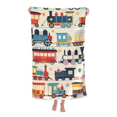 Imagem de VODRM Toalha de praia de trem de brinquedo vintage, 81 x 132 cm, microfibra de secagem rápida, retrô, colorida, locomotiva, para carro, macia, leve, grande, sem areia, para viagem, piscina, natação