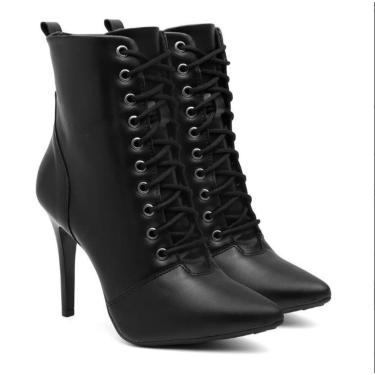 Imagem de Bota Feminina Cano Médio Anna Andrade Bico Fino Salto Agulha Amarrar Casual Moda Preto  feminino