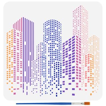 Imagem de FINGERINSPIRE Estêncil de arranha-céus com pincel de pintura 30 x 30 cm modelo de desenho de edifícios urbanos reutilizáveis, estêncil de edifícios altos, modelo grande e moderno de paisagem urbana