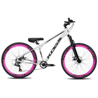 Imagem de Bicicleta Aro 26 KOG Freeride 1x7 – Estilo Grau, Suspensão 29”, Freios a Disco, Aros Vmaxx Neon – Bike Urbana de Alta Performance, Branco, Adesivo Preto,Vmaxx Rosa