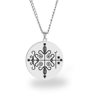 Imagem de Colar Vevê Vodu – Pingente com Símbolos dos Lwas em Aço Inoxidável (Prata, Ouro ou Preto) • Amuleto Espiritual Afro-Caribenho de Proteção, Magia e Fé (Papa Legba, Prata)