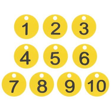 Imagem de PATIKIL 1-10 etiquetas numeradas de plástico redondo numerado identificação identificação chave pendurar etiqueta para chaveiro de dormitório caixa de armário de academia, amarelo com texto preto