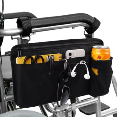 Imagem de SKLK-SEL Bolsa lateral para cadeira de rodas, bolsa lateral de andador, bolsa de armazenamento de apoio de braço para cadeira de rodas com suporte de copo, acessórios para cadeira de rodas para idosos