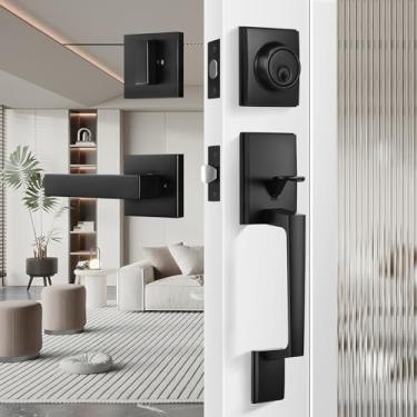 Imagem de Leydebong Maçaneta de porta de entrada preta e fechadura e chave de fechadura de cilindro único, fechadura de porta frontal de latão escovado - conjunto de maçaneta quadrada resistente - maçaneta