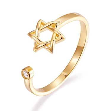 Imagem de YILUOCD Anel de zircão da estrela de Davi para mulheres, amuleto simples Magen David Wiccan, hexagrama ajustável, joia judaica, Metal, Configuração de faixa