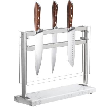 Imagem de YIIYIIN bloco de faca magnético com escudo acrílico - suporte de faca magnético de dupla face à base de mármore - porta-faca magnético de cozinha - armazenamento de facas - porta-facas para