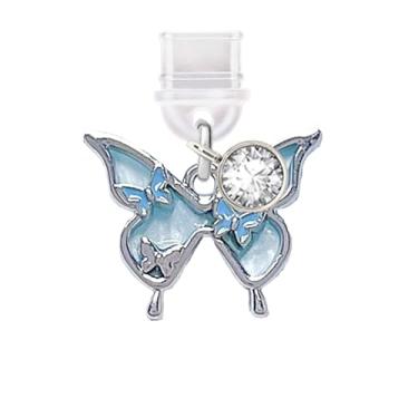 Imagem de ELISE & FONDA TP705 Tipo-C porta de carregamento plugue antipoeira 3D Little Butterfly pingente de celular para iPhone 15/16/Samsung/OnePlus/Xiaomi/oppo telefones Android (azul)