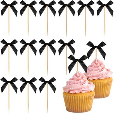 Imagem de Topos de cupcake de laço preto, 40 peças de enfeite de bolo de laço, decorações de aniversário, palitos de cupcake com laço para decoração de festa temática de coquete, despedida de solteira, noiva