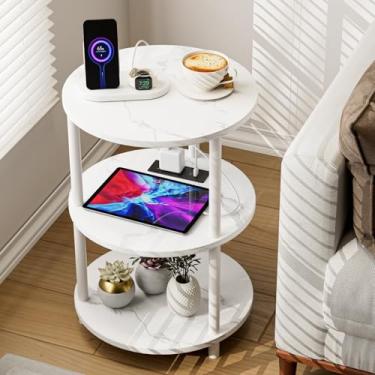 Imagem de XBurmo Mesa de canto redonda pequena – mesa de destaque com design de 3 camadas, suporte lateral estreito ou de cabeceira, mesa vintage industrial para espaços pequenos, portas USB e tomada embutidas