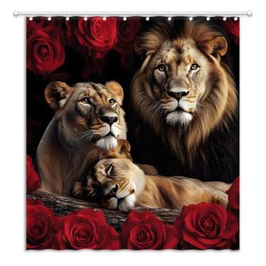 Imagem de JEJOMEAG Cortina de chuveiro rosa vermelha e leão animal selvagem tecido de vida selvagem cortina de decoração de banheiro com ganchos, 70x70A