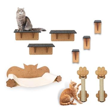 Imagem de BOXFAN Playground para Gatos 9 Peças com Prateleiras Antiderrapante Rede Descanso Arranhadores e Degraus Escada – Estímulo, Descanso e Diversão para Gatos em Ambientes Internos Mdf