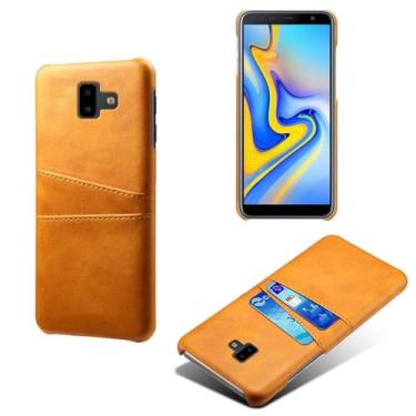 Imagem de Capas Compatível com Samsung Galaxy J6 Prime,Caso de couro PU-Tampa de telefone a prova de choque com 2 slots de cartão,Proteção anti-impressão digital e anti-gota-Yellow
