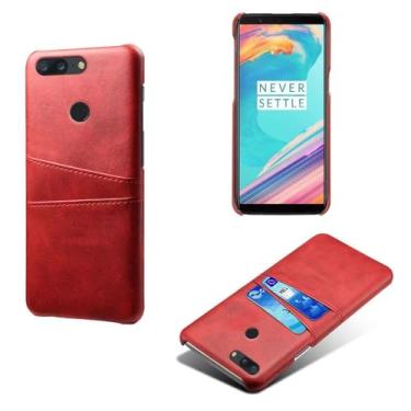 Imagem de Capas Compatível com Oneplus 5T,Caso de couro PU-Tampa de telefone a prova de choque com 2 slots de cartão,Proteção anti-impressão digital e anti-gota-Red
