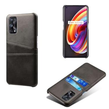 Imagem de Capas Compatível com OPPO Realme X7 PRO,tampa protetora de couro falso,design de saco de cartão com 2 fendas de cartão atrás,proteção anti-impressão digital e anti-gota-Black