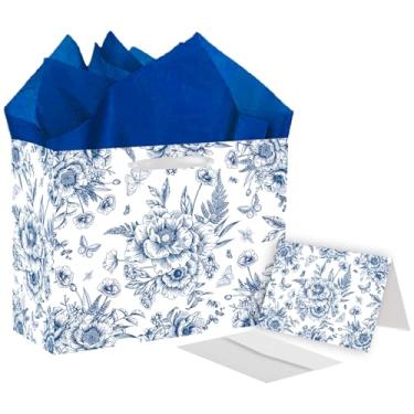 Imagem de Conjunto de sacolas de presente florais grandes com design vintage de peônia e borboleta - Papel de seda azul e branco - Embrulho de presente floral elegante para o dia das mães, chá de panela