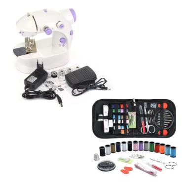 Imagem de Kit mini máquina de costura portátil com kit de linhas com 27 itens