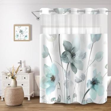 Imagem de CTOTSYC Conjunto de cortina de chuveiro floral boho sem gancho com forro de encaixe, cortina de banheiro de tecido floral aquarela azul-petróleo com janela superior transparente, 188 x 182 cm