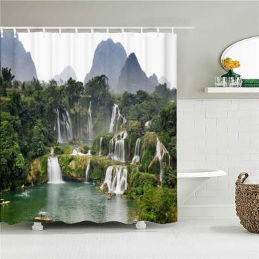 Imagem de Cortina de chuveiro de tecido de paisagem natural Montanhas Floresta Cortinas de banho para decoração de banheiro com 12 ganchos, JK5271, L90 x A180 cm