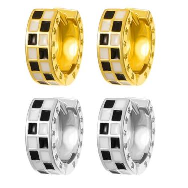 Imagem de Brincos de argola ovais grossos xadrez para mulheres, ouro 14 quilates, minimalista, minúsculo, branco, preto, esmaltado, redondo, xadrez, joias modernas, presentes de Natal, Medium, Metal, Sem pedra
