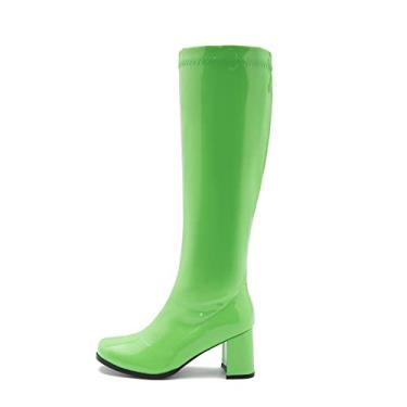 Imagem de LIURUIJIA Botas femininas Gogo cano alto salto quadrado bico quadrado 70s discoteca fantasia botas, Verde, 39