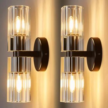 Imagem de BBLLWJ Arandelas de parede pretas modernas conjunto de arandelas de parede de cristal de dois quartos para iluminação de parede para sala de estar com abajur de cristal K9 para banheiro corredor