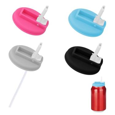 Imagem de 4 Tampas Lata Refrigerante com Palhinhas, Tampas Silicone Latas Utensílios Cozinha Reutilizáveis Compatíveis com Bebidas Enlatadas Padrão Cerveja Sumo (Azul, Preto, Cinzento, Rosa Vermelho)