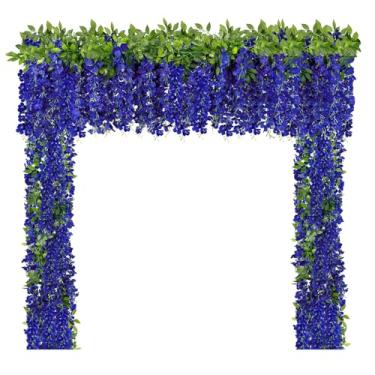 Imagem de U'Artlines 10 peças de guirlanda artificial de glicínia de seda falsa azul real flores de glicínia penduradas em gramíneas de vime para casa, jardim, casamento, arco, festa, decoração interna e