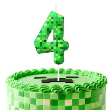 Imagem de Velas de aniversário verdes número 4, topo de bolo com tema de pixel para decoração de bolo para meninos e meninas, decorações de aniversário, suprimentos de festa, velas numéricas para decoração de