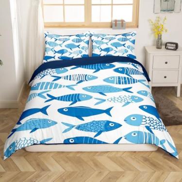 Imagem de jejeloiu Jogo de cama solteiro com estampa de peixe, desenho azul, oceano, natureza, animais marinhos, para meninos, meninas, adolescentes, criaturas marinhas, decoração de quarto (sem edredom