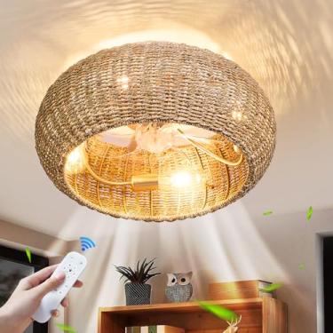 Imagem de GDLT Ventilador de teto com gaiola Boho de 50 cm com controle remoto de luzes, lustre de ventilador de teto de gaiola de vime, ventiladores de teto de fazenda com luz para cozinha, quarto, sala de