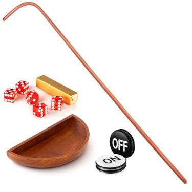 Imagem de Leyndo Conjunto de jogo de mesa Craps Stick, inclui bastão de rattan de 61 cm, dados AAA de 19 mm de grau de cassino, bandeja de barco de dados, botão de pôquer liga/desliga de 7,6 cm para mesa de