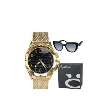 Imagem de Kit Relógio Feminino Dourado à Prova D’Água com Óculos de Sol e Caixa Presente – Pulseira Ajustável e Estilo Luxo