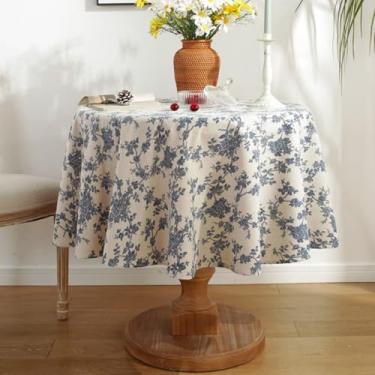 Imagem de Toalha de mesa redonda vintage de linho de algodão rústica toalha de mesa floral lavável capas de mesa de café para jantar, piquenique, interior e exterior, decoração de mesa 101,6 cm de diâmetro