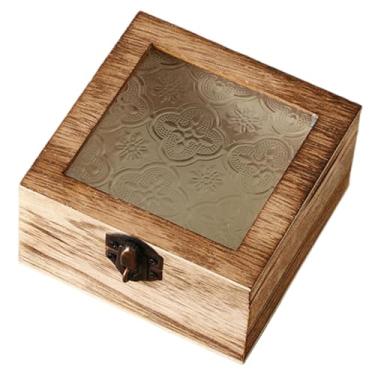 Imagem de Bothyi Caixa de armazenamento de madeira, organizadora, resistente, decorativa, com tampa de vidro, caixa de lembrança, ornamento para quarto, cozinha, Quadrado Castanho Claro