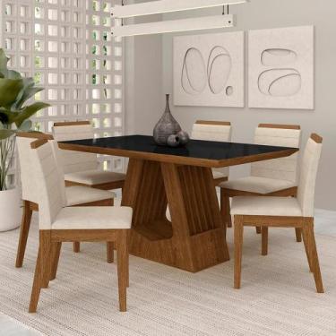 Imagem de Mesa Málaga 1,6 Com 6 Cadeiras Estofadas Freijó/preto/suede Bege - M.a