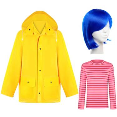 Imagem de Xinnun 3 peças de capas de chuva amarelas com capuz destacáveis, perucas azuis e camisetas listradas vermelhas com mangas compridas, Amarelo, azul, vermelho e branco, Large