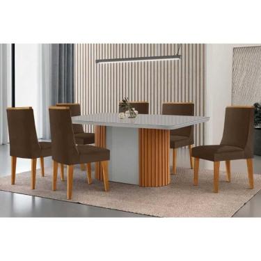 Imagem de Conjunto Sala de Jantar Pilar c/ Tampo Madeirado c/ Vidro Canto Curvo 180x90cm e 6 Cadeiras Dakota Madeira Maciça Naturale/Off White - Capuccino/Suede