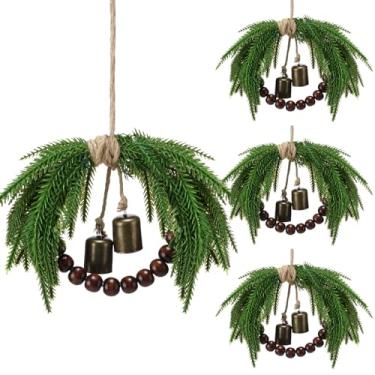 Imagem de Dingion 4 mini guirlandas de Natal de 21 cm para armários de cozinha, mini guirlanda vintage com sino de contas de madeira rústica para decoração de Natal, porta da frente, janela, cadeira de fazenda