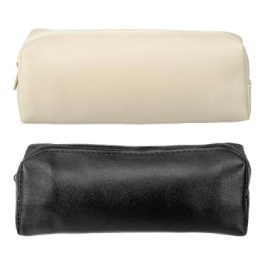 Imagem de PATIKIL Bolsa de couro para canetas, bolsa pequena para lápis, organizador de artigos de papelaria, bolsa de maquiagem com zíper para marcadores de caneta cosméticos para adultos, preto bege, 2 peças