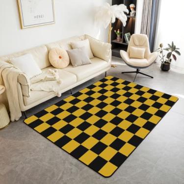 Imagem de Tapete decorativo quadriculado para adolescentes, mulheres, homens, amarelo, preto, xadrez, 3 x 5, crianças, meninos, meninas, fofo, retrô, neutro, quadriculado, geométrico, para sala de estar