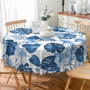 Imagem de SIEDYCV Toalha de mesa floral tropical redonda 121 cm folha de palmeira monstera hibisco rosa sinensis toalha de mesa de poliéster à prova de óleo lavável azul toalha de mesa para festas havaianas