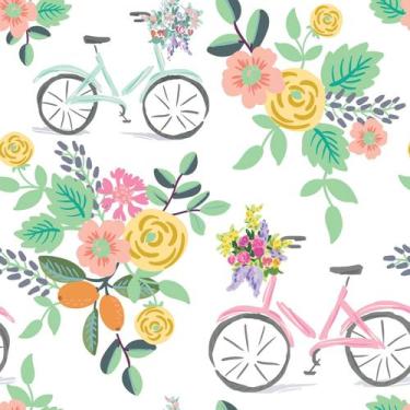 Imagem de Papel de Parede Flores e Bicicletas Quarto Feminino 57x270cm - Quartin