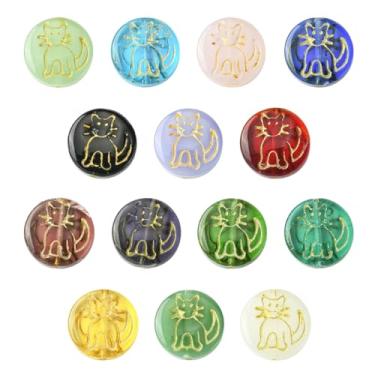 Imagem de UR URLIFEHALL 14 peças de contas de vidro para gatos, 14 cores, contas espaçadoras de animais de gatinho redondas planas para bricolage, colar, joias, artesanato, suprimentos