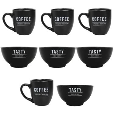 Imagem de Kit De Canecas Em Porcelana Preta 300ml Com Bowls 440ml Sopa Café Da Manhã Chá Bebida Quente (4, Preto)