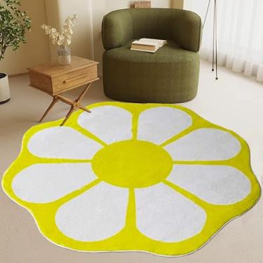 Imagem de Tapete redondo amarelo em forma de flor, tapete circular lavável de 1,2 m, tapete circular floral antiderrapante para quarto, banheiro, entrada, quarto de crianças, escritório, dormitório