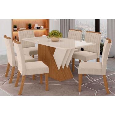 Imagem de Conjunto: Mesa Sala Jantar Épic SC24 Tampo Madeirado c/ Vidro Canto Curvo 160x90cm e 6 Cadeiras Tauá Nature/Linho - Henn
