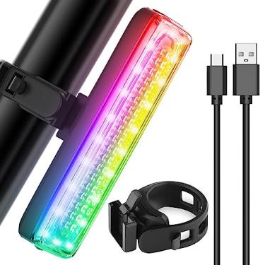 Imagem de Luz traseira de bicicleta, luz traseira de LED com cores RGB, luz de bicicleta arco-íris recarregável USB-C, impermeável, 7 cores, 14 modos - Adequado para bicicleta, scooters e patins, capacete